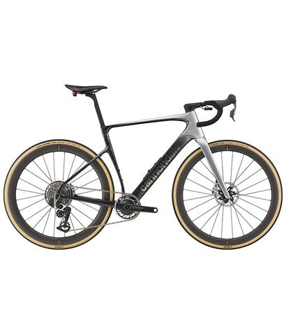 2025 Cannondale Synapse LAB71 SmartSense Road Bike with sleek carbon frame disc brakes and aero handlebars featuring tan wall tires and high-end components