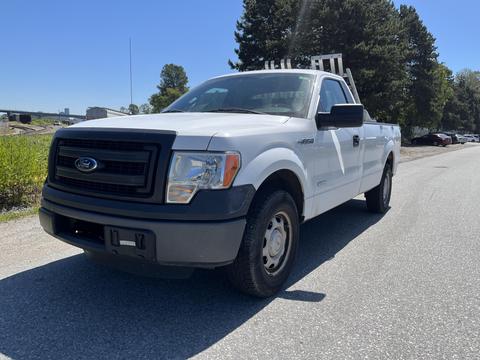 A white 2013 Ford F-150 with a black grille and a pickup bed is parked on the side of a road