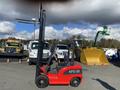 A red 2024 AGT KFE20 forklift with a tall mast and forks raised, positioned to the left side of the image