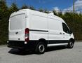 A white 2015 Ford Transit van with a black lower stripe and rear doors is shown at an angle highlighting its spacious cargo area and design features