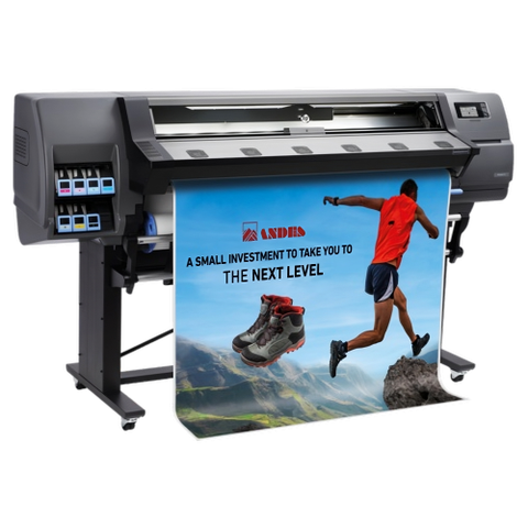 HP Latex 115 54" Large-Format Printer featuring a colorful printed banner with a person jumping and text about investment and a product at the bottom
