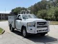 A white 2020 Ram 2500 pickup truck with a utility body and custom front grill guard parked on a street