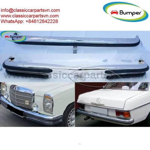 A 1968 Mercedes Benz W114 car featuring chrome bumpers and a classic design with distinctive grille and headlights