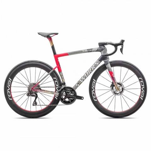 A Specialized S-Works Tarmac SL8 LTD Forward 50 2025 bike featuring a carbon frame sleek design and aerodynamic handlebars with roval wheels