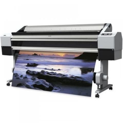 Epson Stylus Pro 11880 large-format inkjet printer with a print emerging featuring a scenic beach landscape and rocks in the foreground