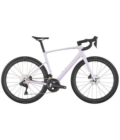 2026 Scott Addict 20 Road Bike in a light purple color featuring drop handlebars sleek frame and disc brakes designed for performance