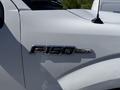Close-up of a chrome F-150 XL emblem on a white Ford F-150 truck