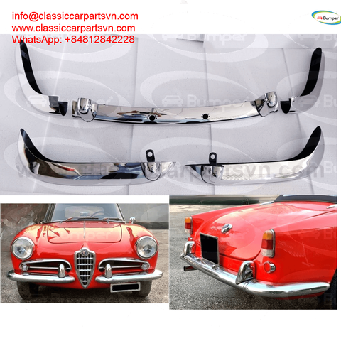 Bumpers from an Alfa Romeo Giulietta Spider S2 S3 1955-1962 and Giulia Spider 1962-1965 featuring chrome finish and distinctive design elements