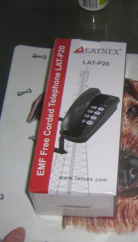 Box of an EMF Free Corded Telephone model LAT-P20 featuring a black phone with buttons and a coiled cord