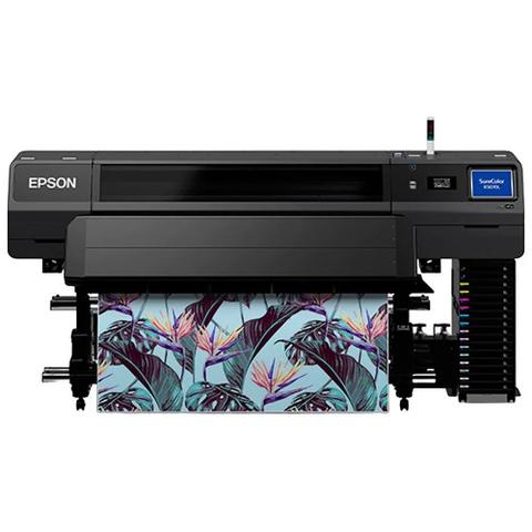 Epson SureColor R5070L 64-Inch Roll-to-Roll Resin Signage Printer featuring vibrant floral print on the media roll and multiple ink channels on the side