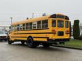 A 2013 International 3000 school bus in bright yellow with black stripes and rear warning lights visible from the back angle