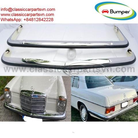 A 1968 Mercedes Benz W114 coupe with a sleek white body, chrome accents, and classic styling features a rounded rear end and distinctive front grille with a star emblem