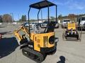 A 2024 AGT Mini Excavator with a yellow and black exterior features a compact design, rubber tracks, and an operator's cabin without a roof