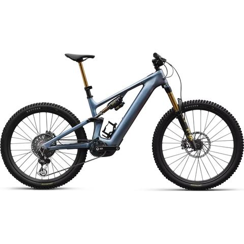 A 2026 Specialized S-Works Turbo Levo 4 electric mountain bike with a sleek blue frame large tires and high-performance components designed for off-road cycling