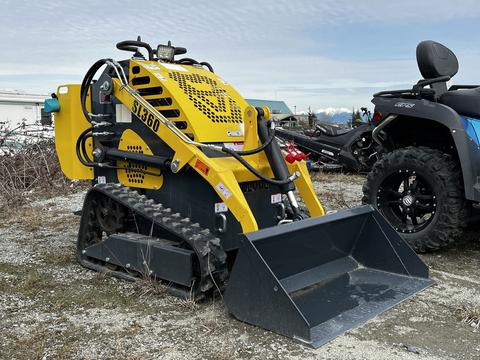 A yellow 2024 SL 360 mini skid steer with rubber tracks and a bucket attachment in the foreground