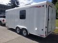 A white 2004 Royal 18 Foot Office Trailer with two wheels and a door on the side, featuring a streamlined design and a smooth exterior