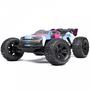 A remote-controlled Arrma 1/8 Kraton 4x4 6S BLX brushless speed truck features large tires a colorful body design and a low aggressive stance