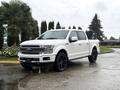 A 2018 Ford F-150 pickup truck with a white exterior and black wheels parked on a wet surface surrounded by greenery