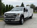 A 2020 Ford F-550 truck with a white exterior and chrome accents featuring utility bed and overhead lights