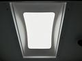 A skylight in a camper trailer with a rectangular shape and smooth edges allowing light to enter the interior