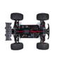A top view of an Arrma 1/5 Outcast 8S EXB AVC 4X4 RTR Brushless Stunt Truck in black featuring large rugged wheels and a detailed chassis design