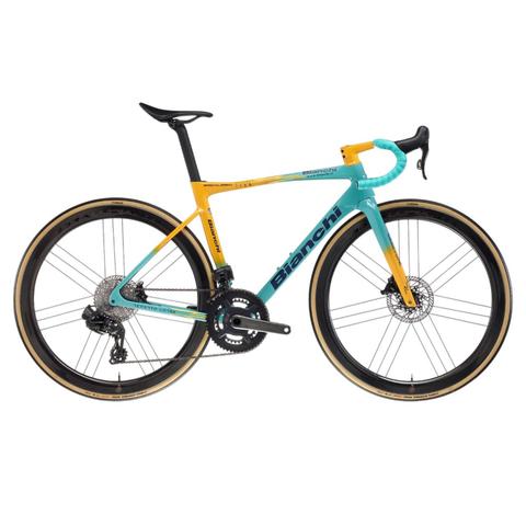 A 2026 Bianchi Specialissima RC Pantani road bike featuring a turquoise and orange frame with sleek lines high-end Campagnolo Super Record components and lightweight carbon wheels