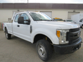 A white 2017 Ford F-250 Super Duty pickup truck with a standard cab and flatbed configuration showcasing its robust front grille and large tires