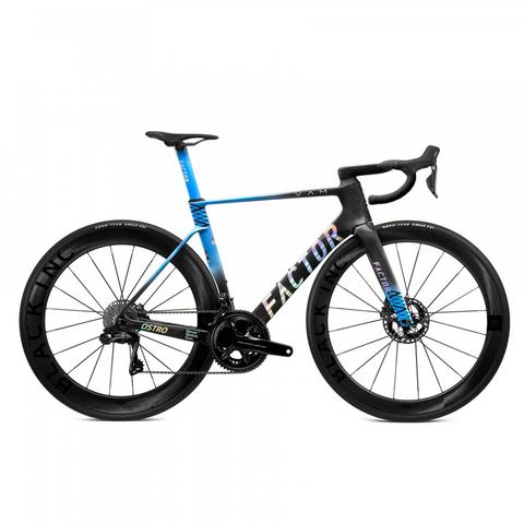 2026 Factor Ostro Vam Shimano Dura Ace Carbon Aero Road Bike with a sleek design and aerodynamic features in a blue and black color scheme