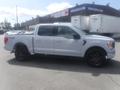 A silver 2022 Ford F-150 pickup truck with a sleek design and tinted windows parked on a lot showcasing its side profile