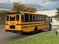A yellow 2022 Freightliner B2 school bus parked with its rear visible featuring black stripes and warning signs on the back