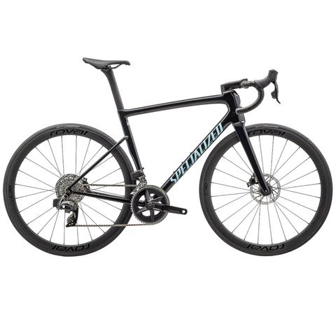 A 2024 Specialized Tarmac SL8 Expert Road Bike with a sleek design featuring a black frame and turquoise accents disc brakes and lightweight wheels