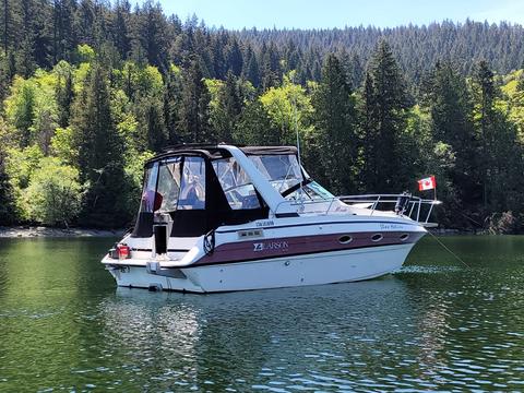 A 1991 Larson Mirado boat with a black canopy and red accents is moored on calm water, displaying a Canadian flag on the stern.