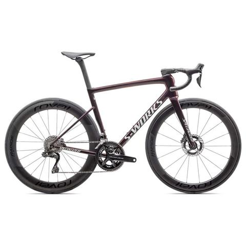 2025 Specialized S-Works Tarmac SL8 road bike with Shimano Dura-Ace Di2 components black and purple frame aerodynamic design and carbon wheels