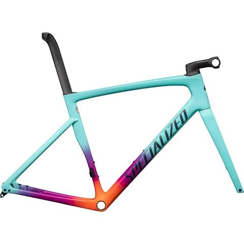 A 2023 Specialized Tarmac SL7 frameset in a gradient color scheme of teal transitioning to orange with the word Specialized prominently displayed on the side