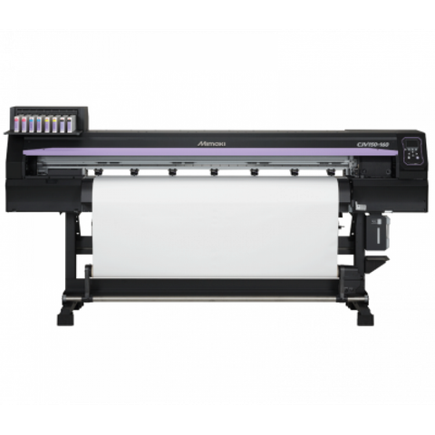 A Mimaki CJV150-160 wide format printer with an ink cartridge holder and a roll of blank media ready for use