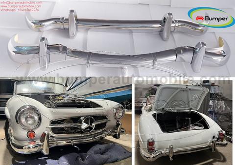 Chrome bumpers for a Mercedes 190SL Roadster W121 model years 1955 to 1963 displayed in the foreground