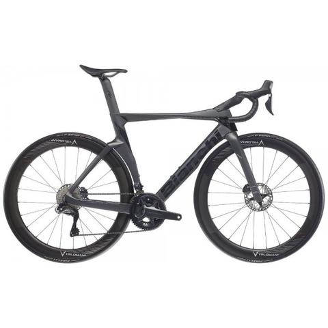 A sleek 2024 Bianchi Oltre Pro Ultegra Di2 Road Bike featuring a black frame aerodynamic design and high-performance wheels