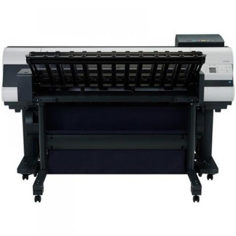 A Canon Image PROGRAF IPF850 Large Format Printer with a sleek black and white design featuring a wide printing area and a control panel on the side