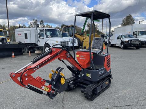 A 2024 AGT Mini Excavator with a red and black color scheme features a rubber track system and an articulated arm for digging and lifting tasks