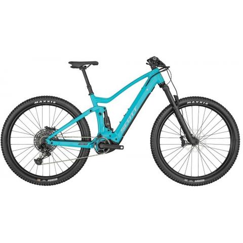 2024 Scott Strike eRIDE 940 Electric Mountain Bike with a turquoise frame featuring thick tires and front suspension designed for off-road riding