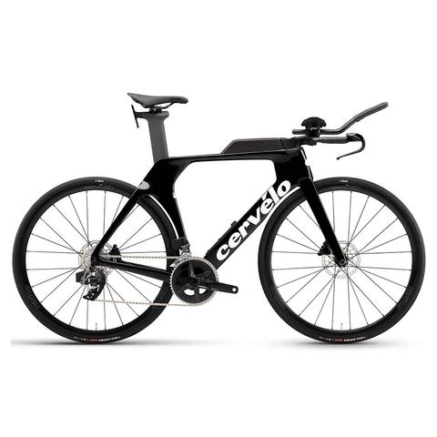 A Cervelo P Rival AXS 2025 road bike with a sleek black frame aerodynamic design and triathlon handlebars