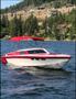 A 1989 Nordic Viking speedboat with a white hull and red trim features a red canopy and is anchored on a lake
