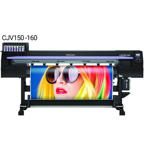 Mimaki CJV150-160 solvent printer cutter displaying a vibrantly colored image of a person with multicolored hair and oversized sunglasses