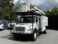 A white 2012 Freightliner M2 106 bucket truck with a raised boom and a utility bed designed for maintenance work