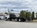 A 1998 Freightliner FL80 flatbed truck with a black body and a hydraulic lift at the rear carrying two large palm trees