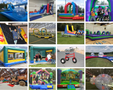 A variety of colorful inflatable structures including slides, bounce houses, obstacle courses, and a giant tricycle for party and recreational use