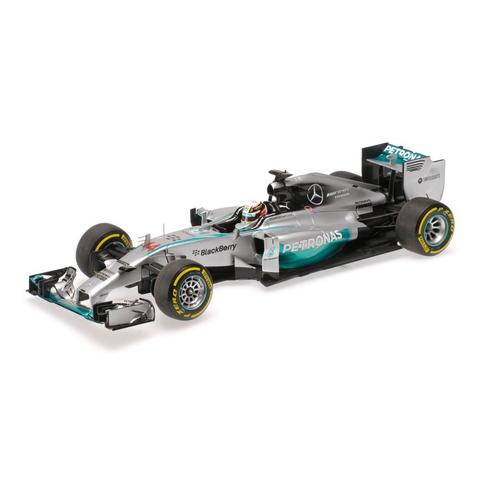 Minichamps Mercedes F1 W05 model car featuring #44 Lewis Hamilton in 2014 Formula One World Champion design with detailed exterior and racing elements