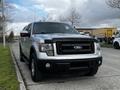 A silver 2014 Ford F-150 facing the camera with a black grille and chrome accents parked on the side of the road