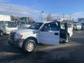 A 2013 Ford F-150 truck with the driver's side door open showing a roomy interior and a utility rack in the truck bed