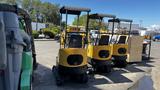 Three yellow 2021 Cael-1T Mini excavators lined up in a row, each featuring a compact design and a protective canopy over the operator's seat